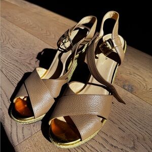 Cole Haan Hart Leather Wedges - Tan with Gold Accents